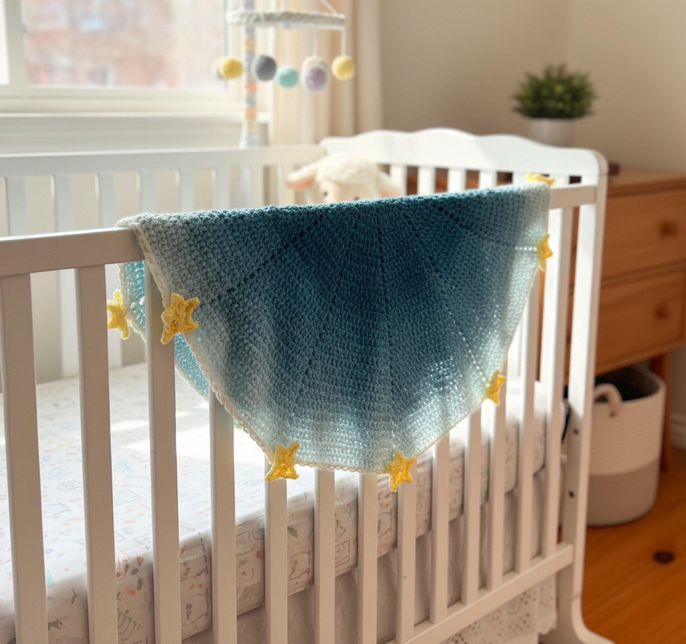 Handmade Crochet Star Blanket | Custom Color Baby Shower Gift | Soft Nursery Blanket shown in a professional product listing photo