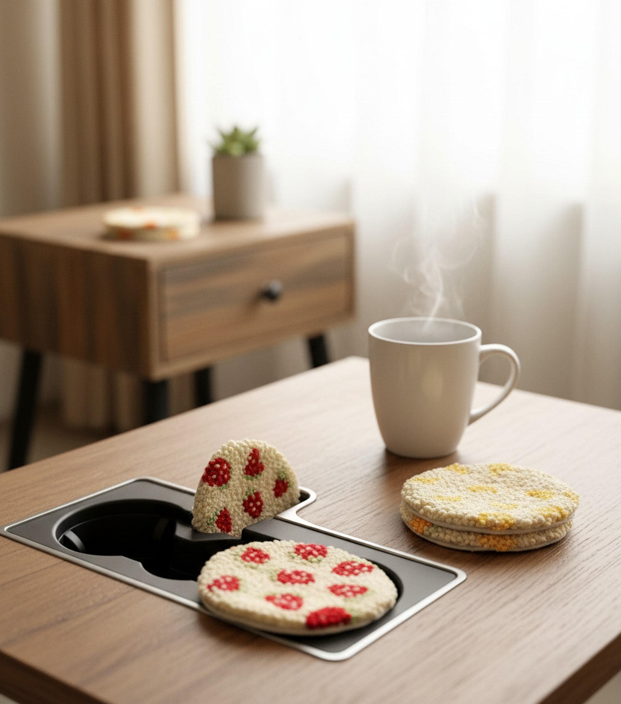 Handmade Punch Needle 2 Car Coaster | Fruit & Cream Collection Mug Rug shown in a professional product listing photo