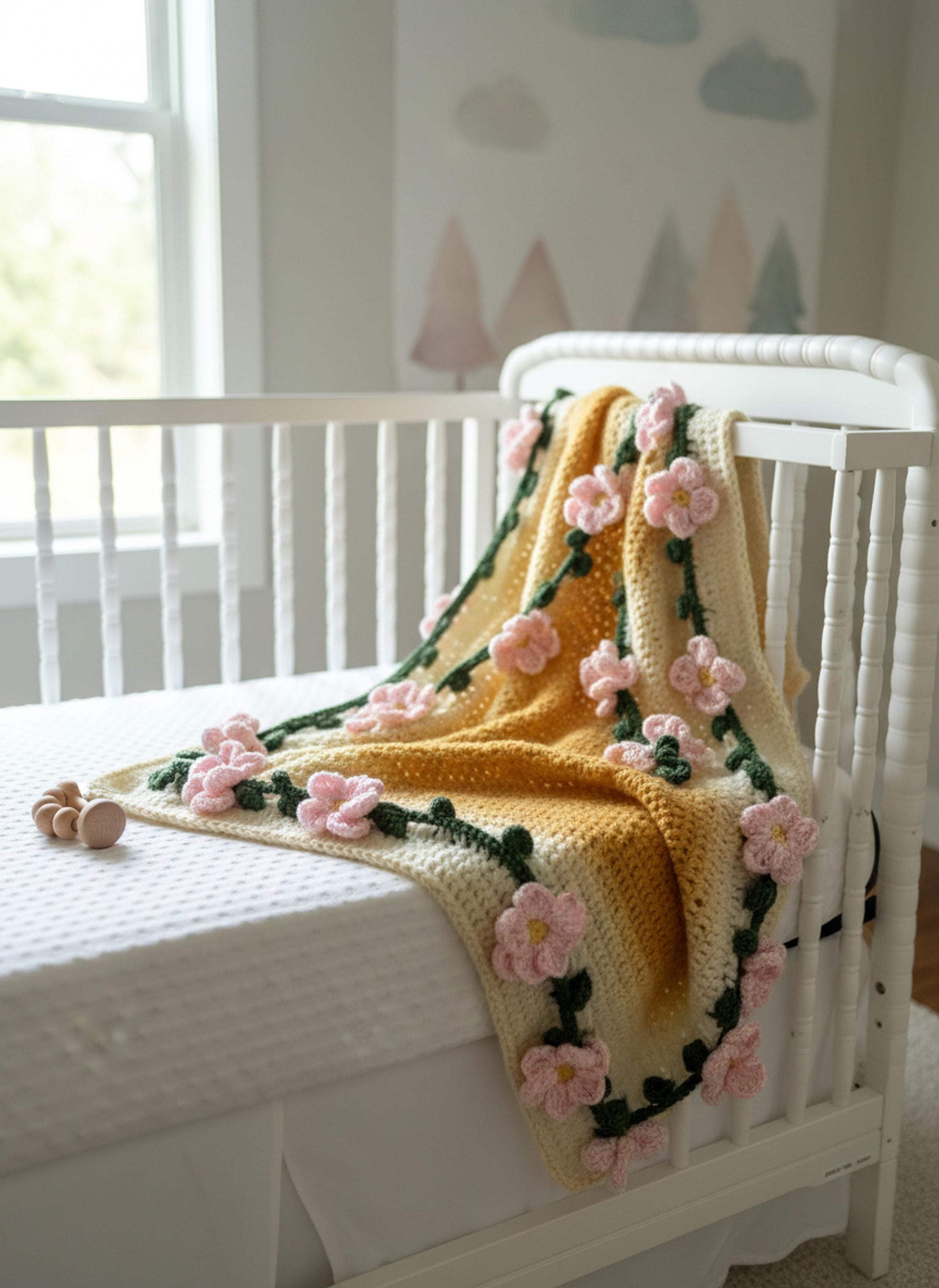 Handmade Crochet Flower Bouquet Baby Blanket | Customizable Nursery Decor shown in a professional product listing photo