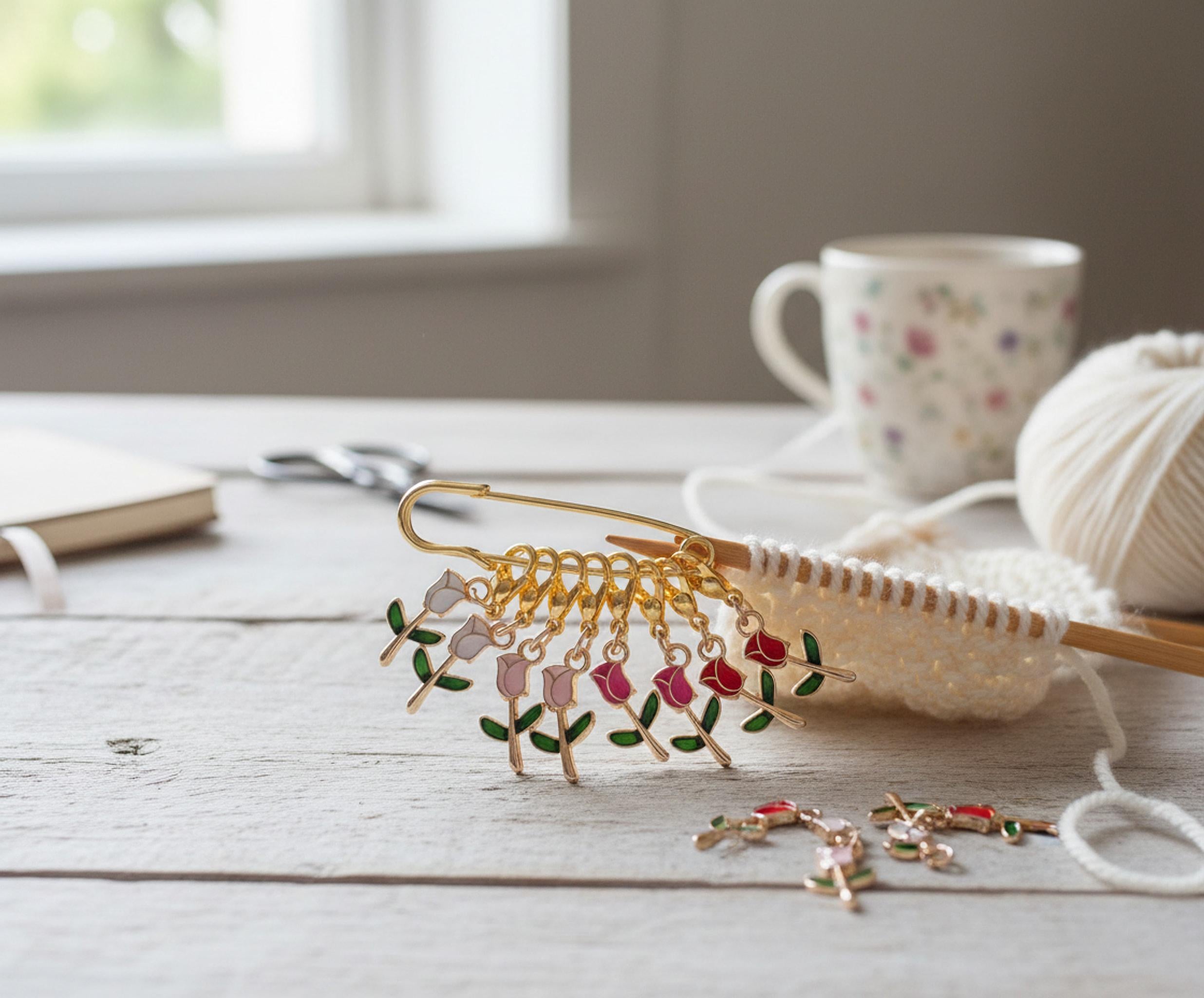 Floral Stitch Markers Set of 8 | Knitting Progress Keepers | Gold Enamel Yarn Accessories shown in a professional product listing photo