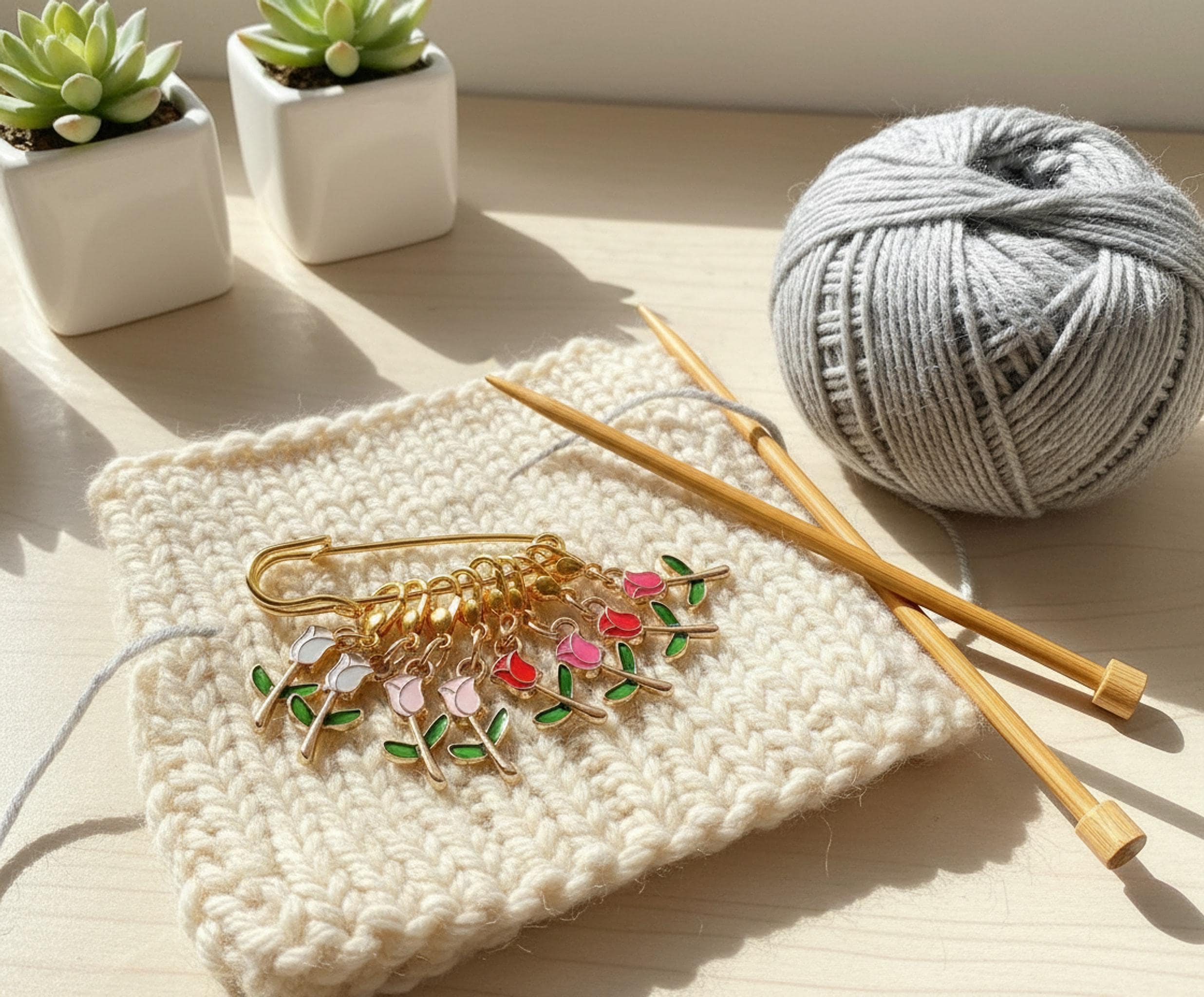 Floral Stitch Markers Set of 8 | Knitting Progress Keepers | Gold Enamel Yarn Accessories shown in a professional product listing photo