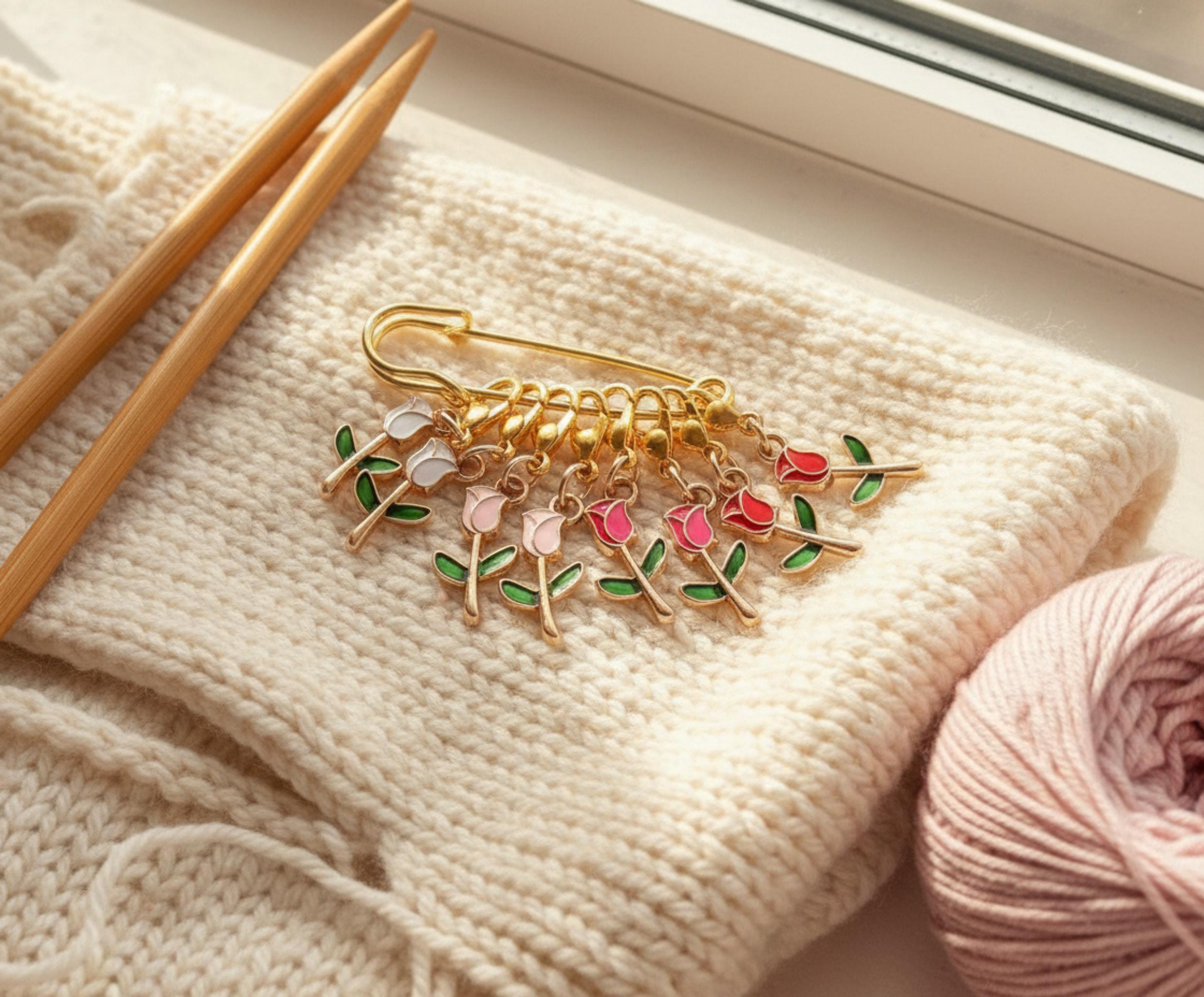 Floral Stitch Markers Set of 8 | Knitting Progress Keepers | Gold Enamel Yarn Accessories shown in a professional product listing photo