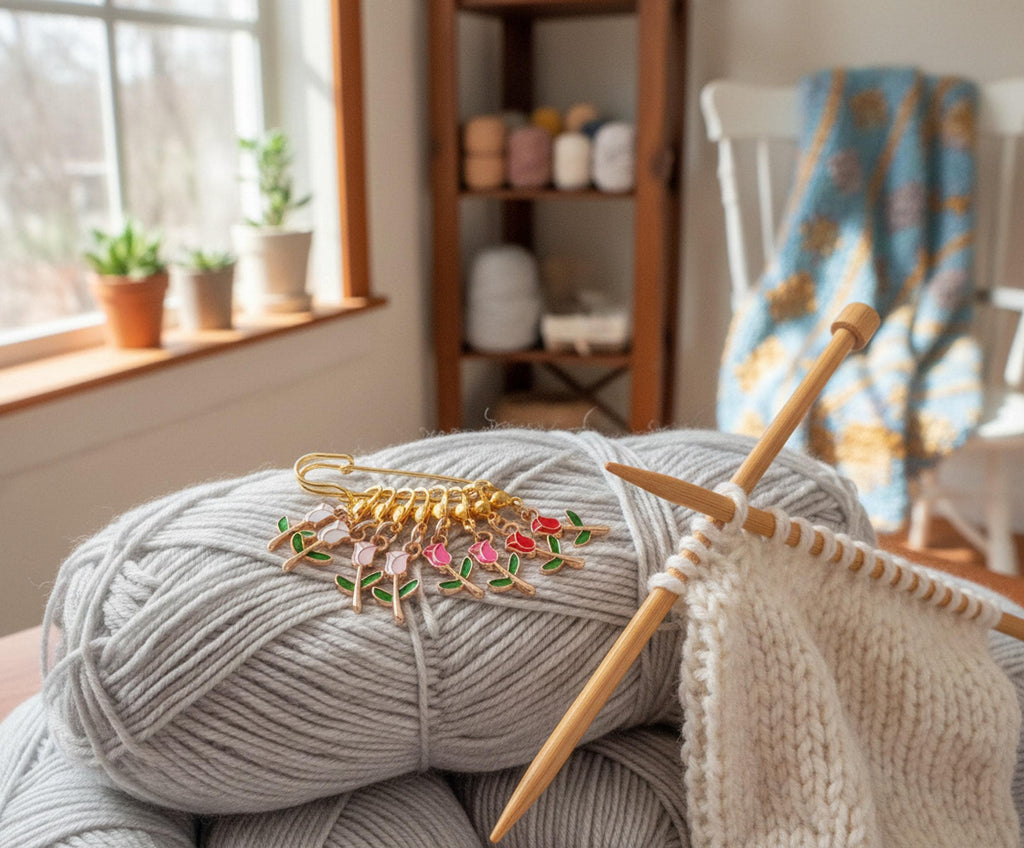 Floral Stitch Markers Set of 8 | Knitting Progress Keepers | Gold Enamel Yarn Accessories shown in a professional product listing photo