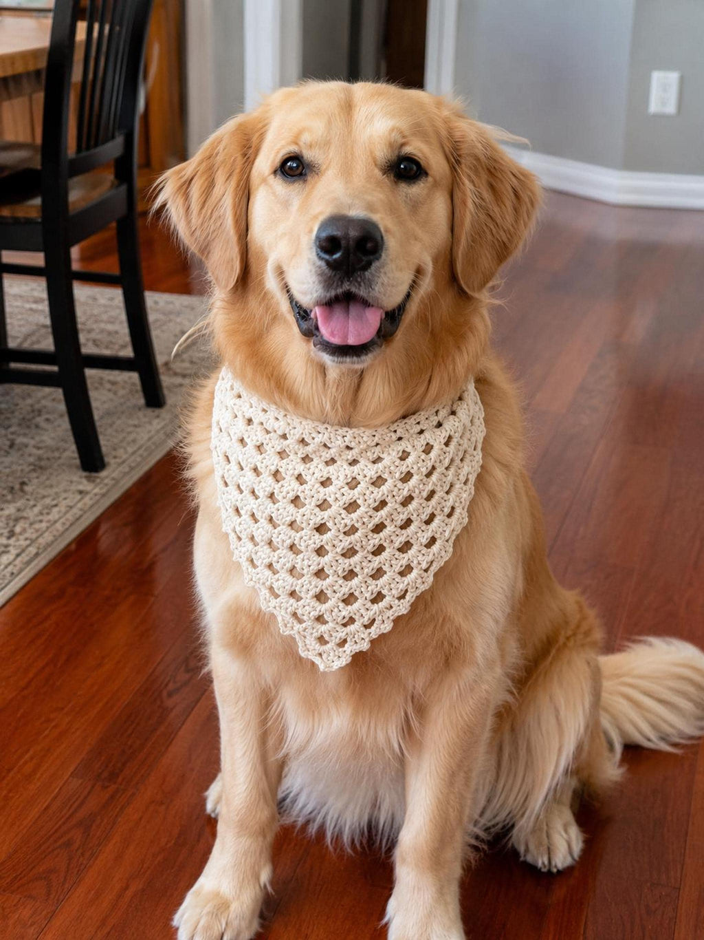 A golden retriever dog sits on a wooden floor, wearing a cream-colored, open-weave crocheted bandana around its neck.