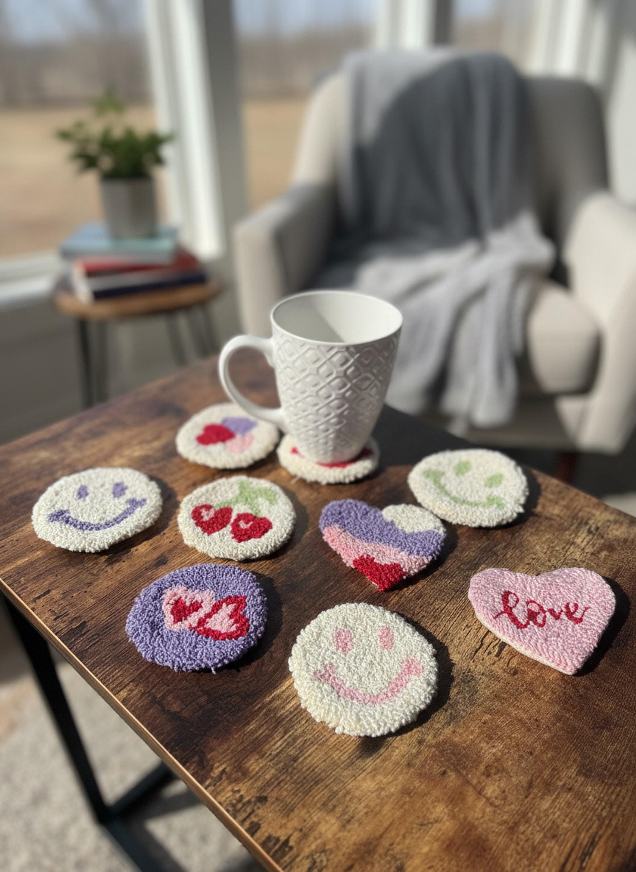 Handmade Punch Needle Coaster | Smiley Face & Heart Mug Rug shown in a professional product listing photo