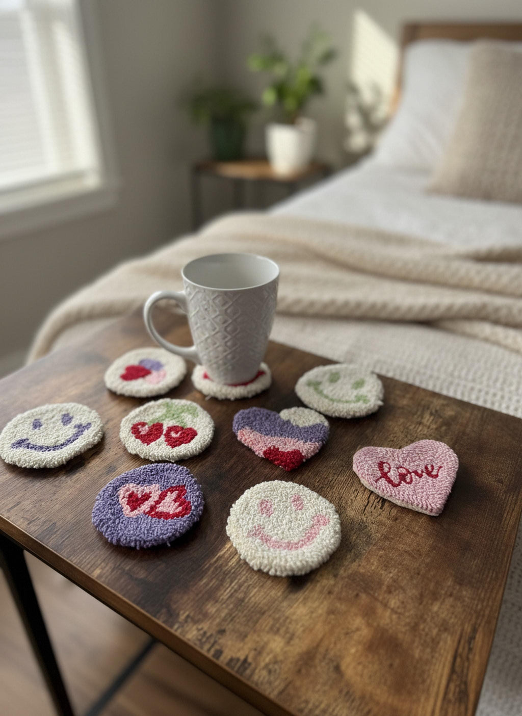 Handmade Punch Needle Coaster | Smiley Face & Heart Mug Rug shown in a professional product listing photo