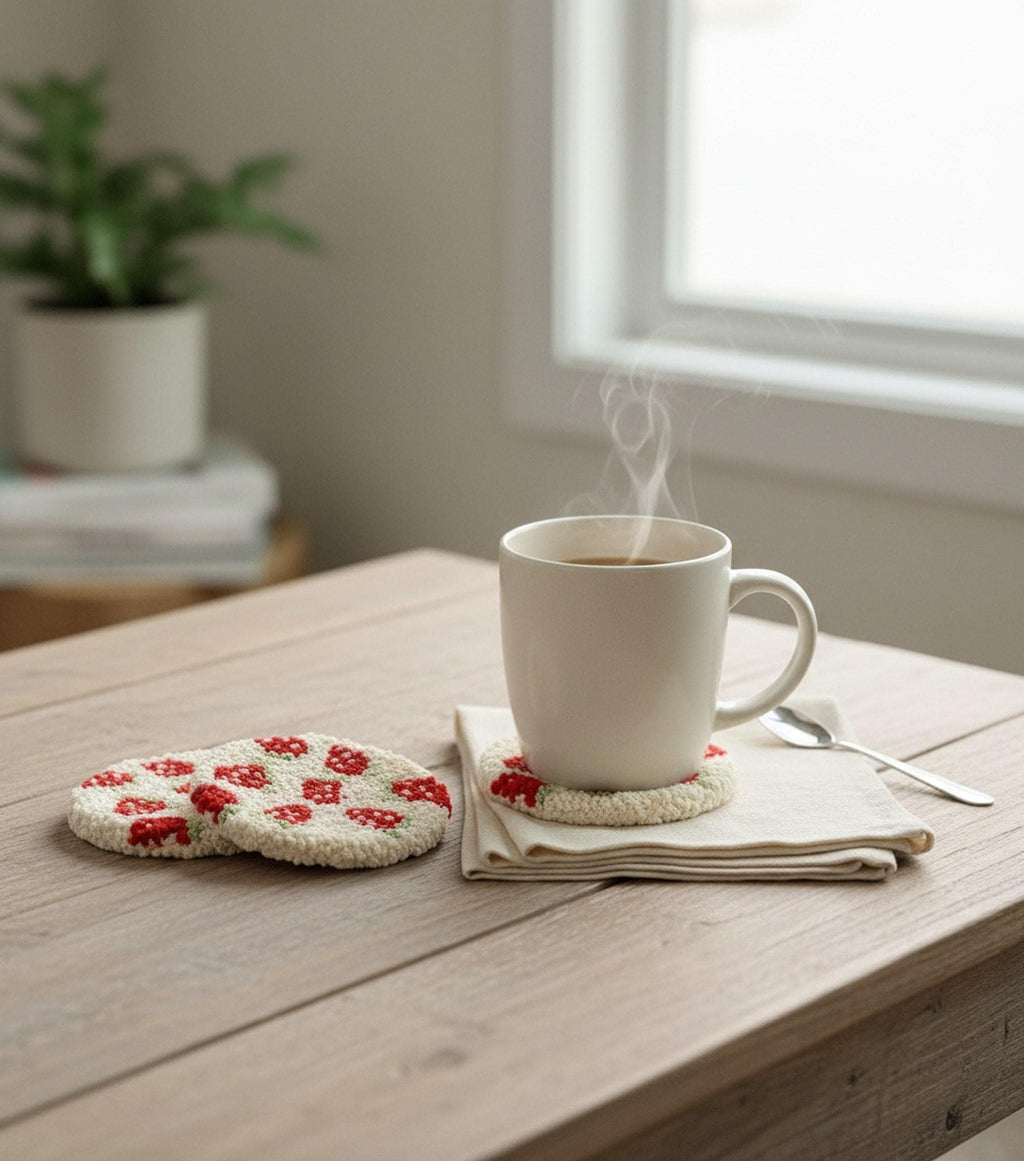 Punch Needle Coaster Set, Fruit & Cream Collection Mug Rugs shown in a professional product listing photo
