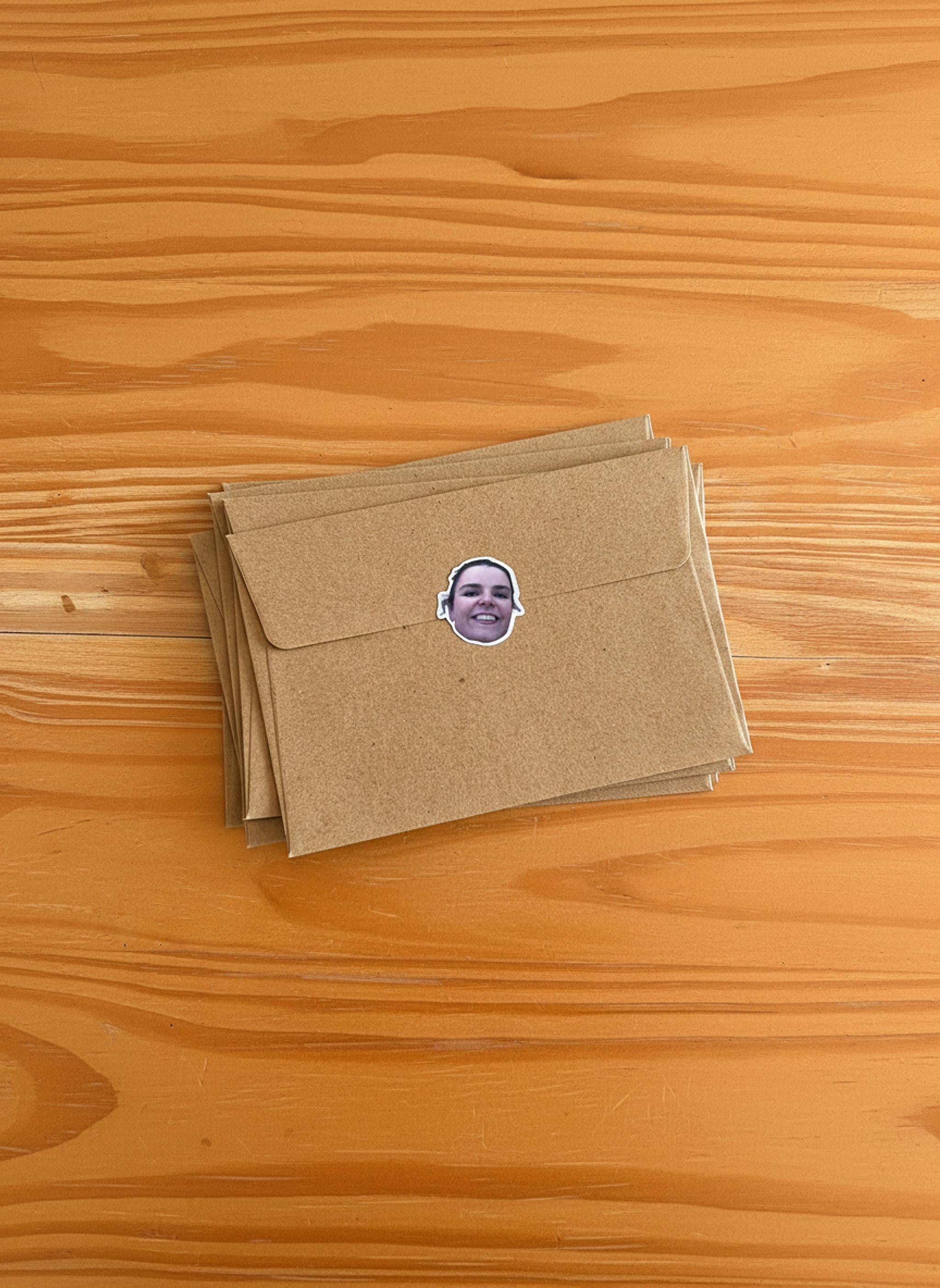 Kraft envelopes sealed with custom face stickers.