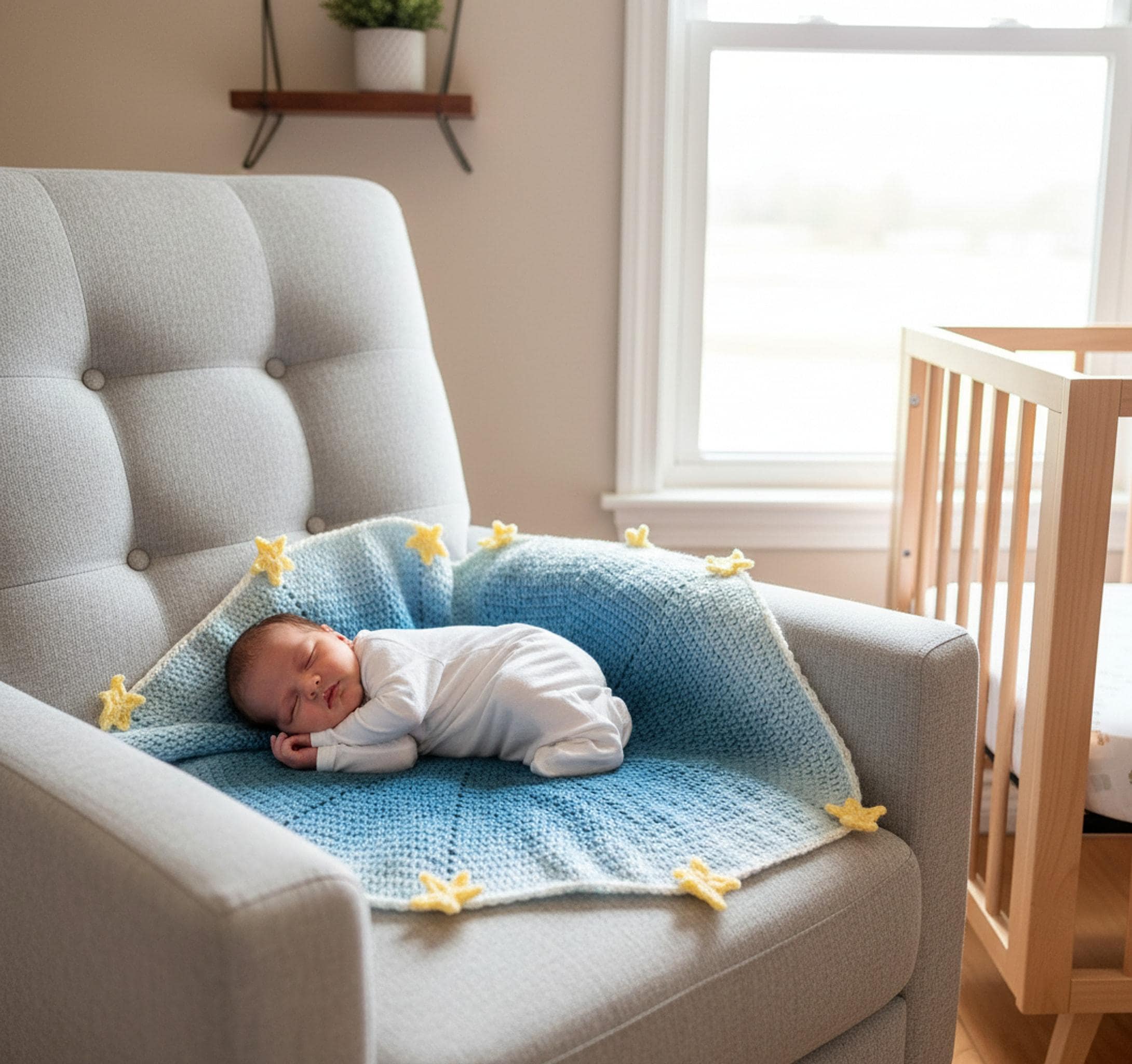 Handmade Crochet Star Blanket | Custom Color Baby Shower Gift | Soft Nursery Blanket shown in a professional product listing photo