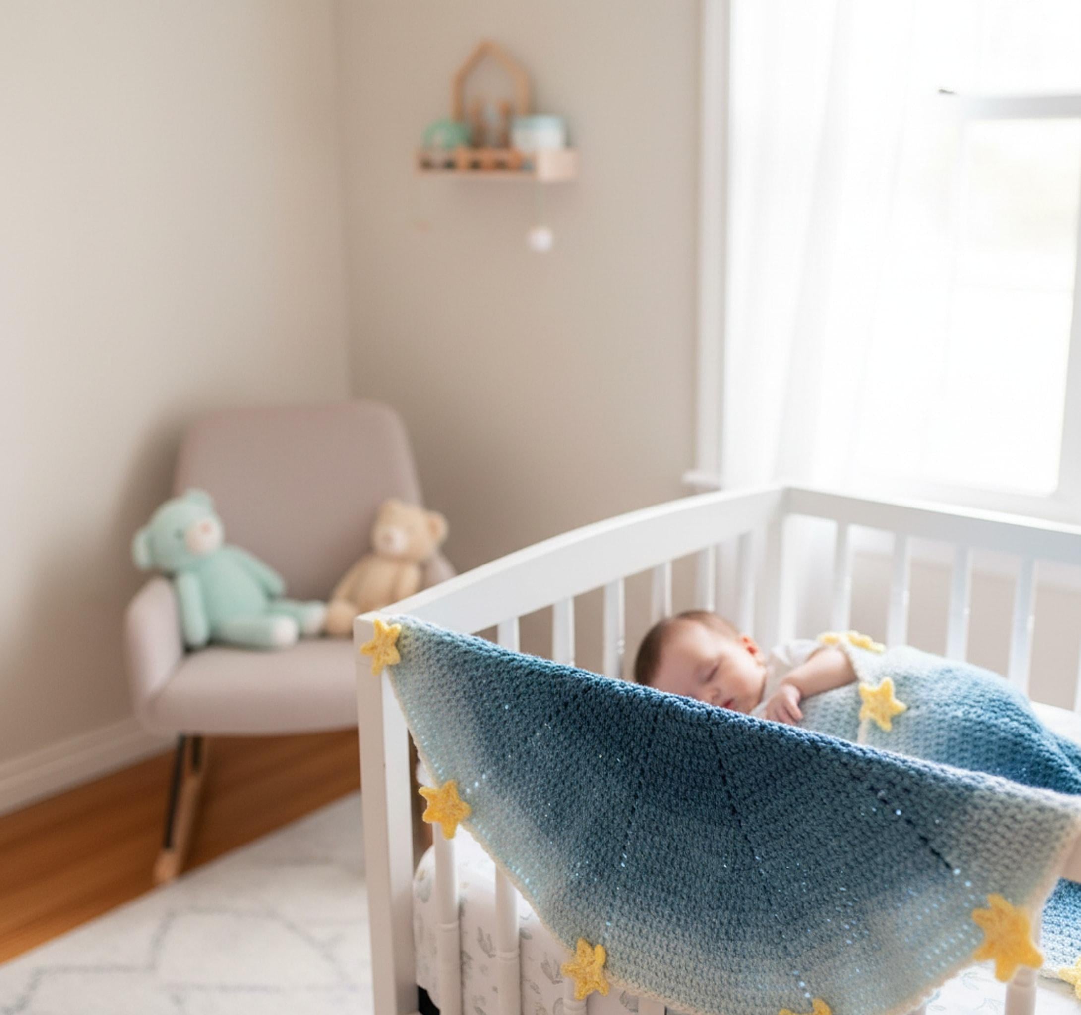 Handmade Crochet Star Blanket | Custom Color Baby Shower Gift | Soft Nursery Blanket shown in a professional product listing photo