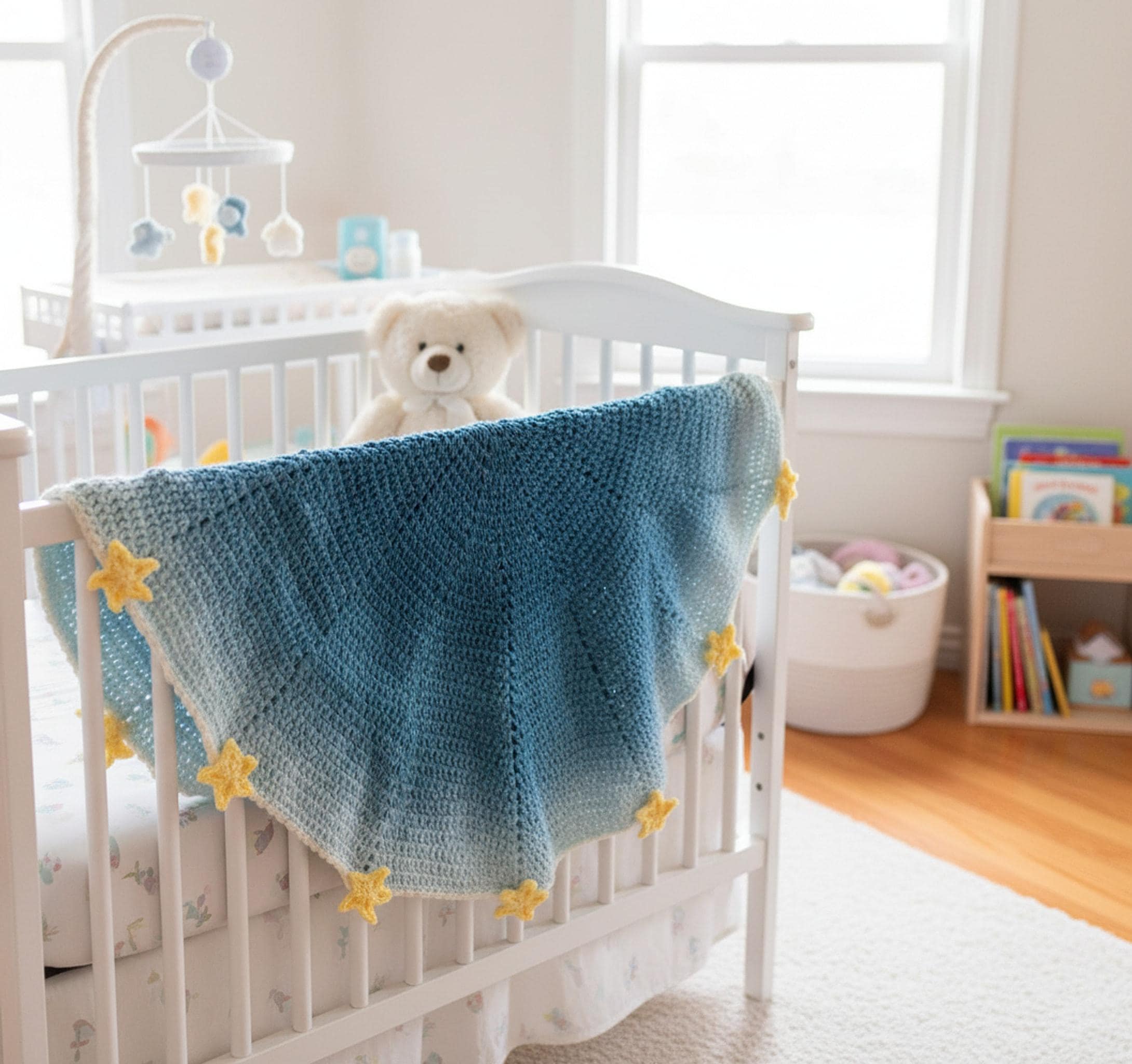 Handmade Crochet Star Blanket | Custom Color Baby Shower Gift | Soft Nursery Blanket shown in a professional product listing photo