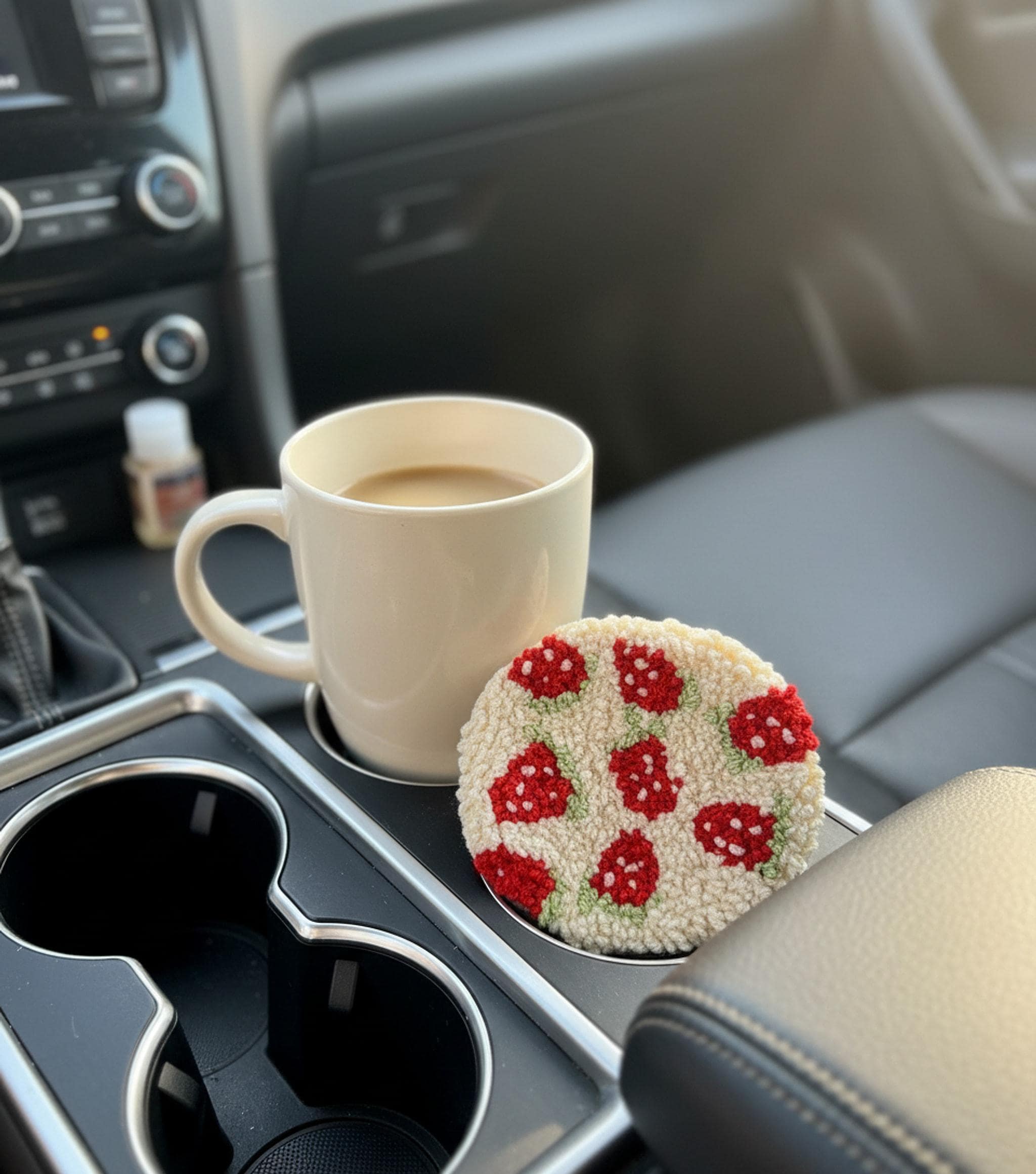 Handmade Punch Needle 2 Car Coaster | Fruit & Cream Collection Mug Rug shown in a professional product listing photo