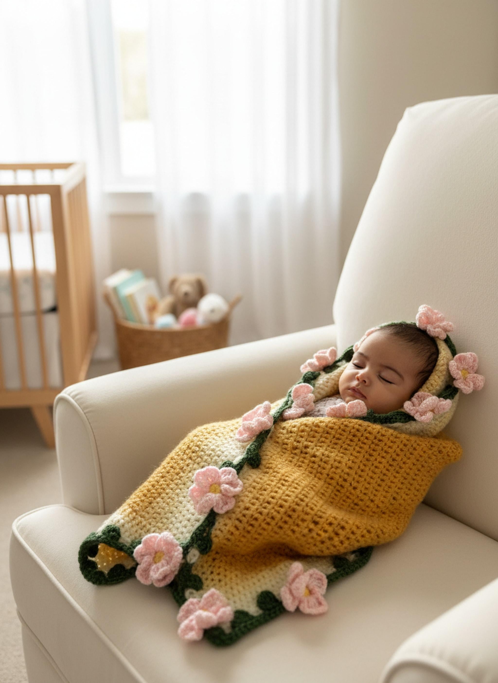 Handmade Crochet Flower Bouquet Baby Blanket | Customizable Nursery Decor shown in a professional product listing photo