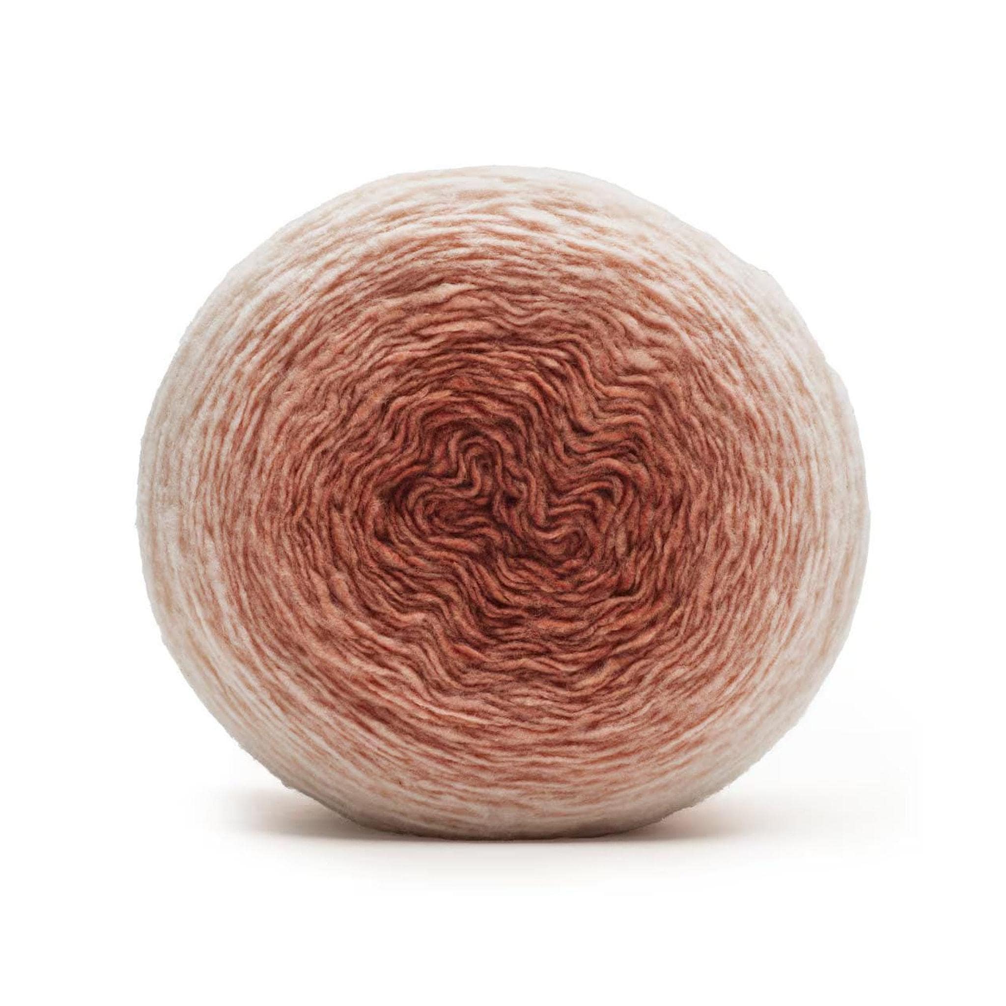 A large ball of yarn, transitioning from white to light brown to dark brown, sits on a white background.