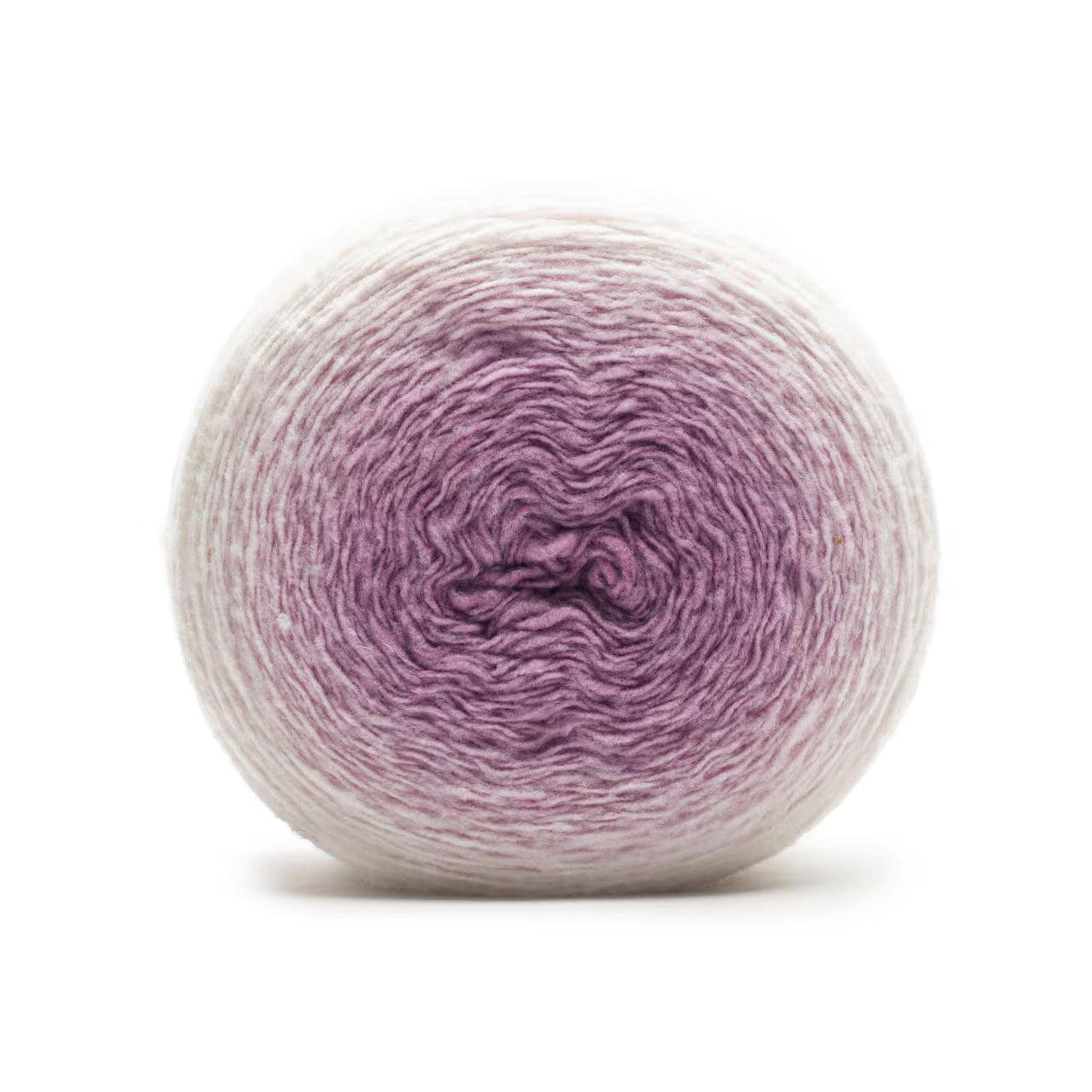 A ball of yarn with a gradient from white on the outside to purple in the center.