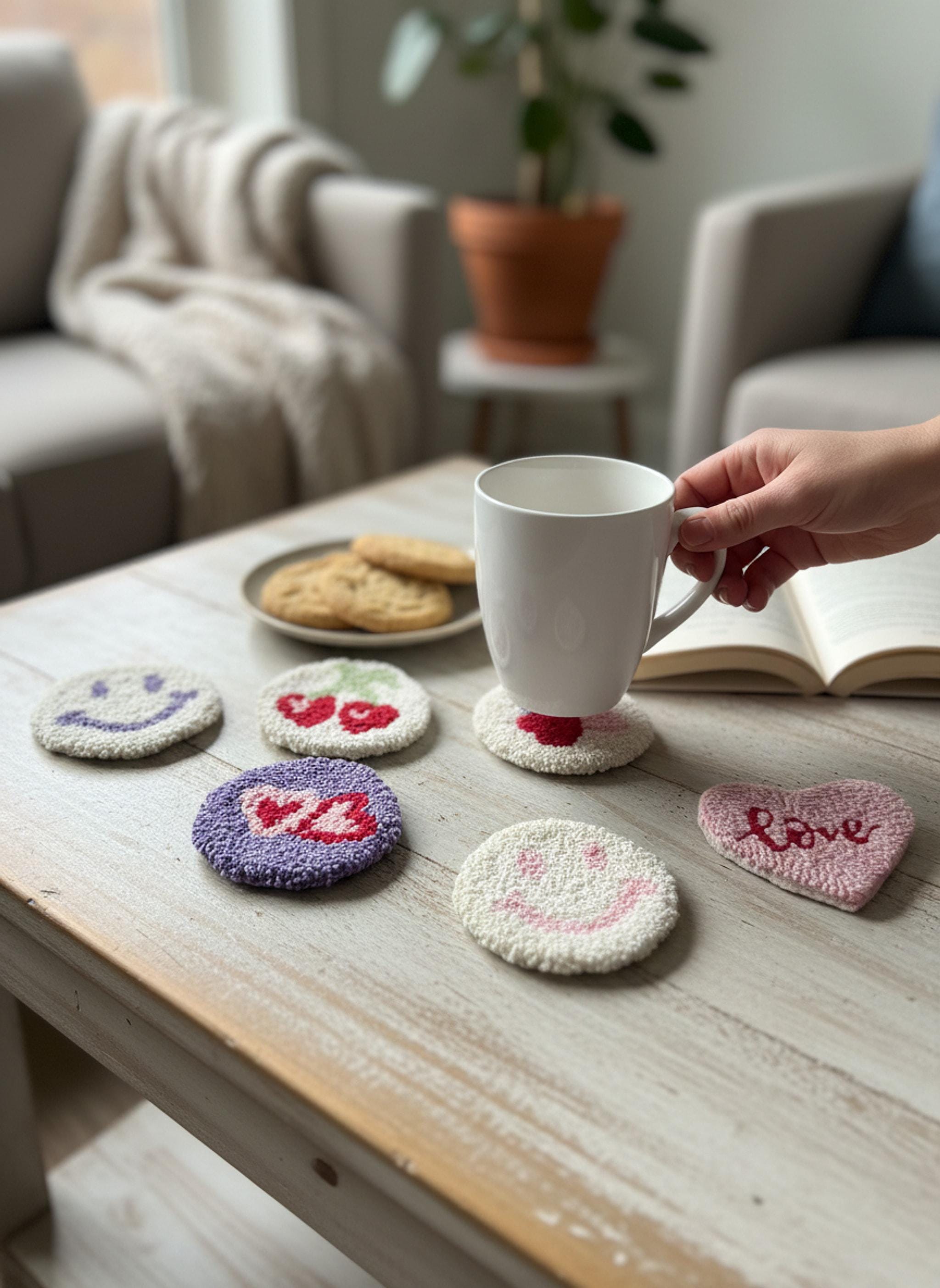 Handmade Punch Needle Coaster | Smiley Face & Heart Mug Rug shown in a professional product listing photo