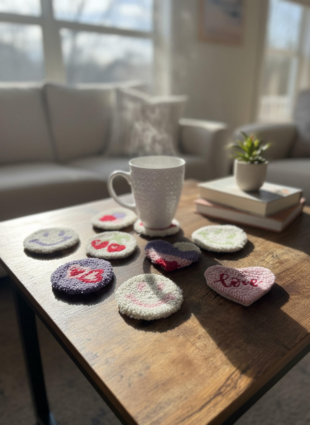 Handmade Punch Needle Coaster | Smiley Face & Heart Mug Rug shown in a professional product listing photo