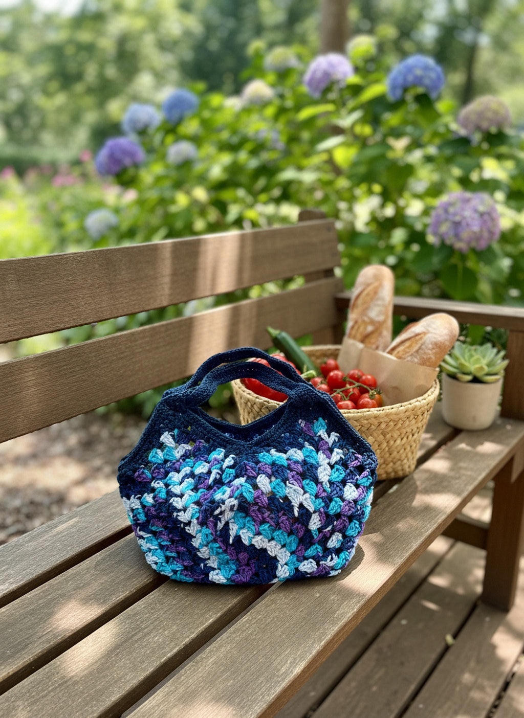 Crochet Market Bag, Handmade Tote | Baby Shower Gift with Multi-Color Yarn | Eco-Friendly Reusable Mesh Bag shown in a professional product listing photo