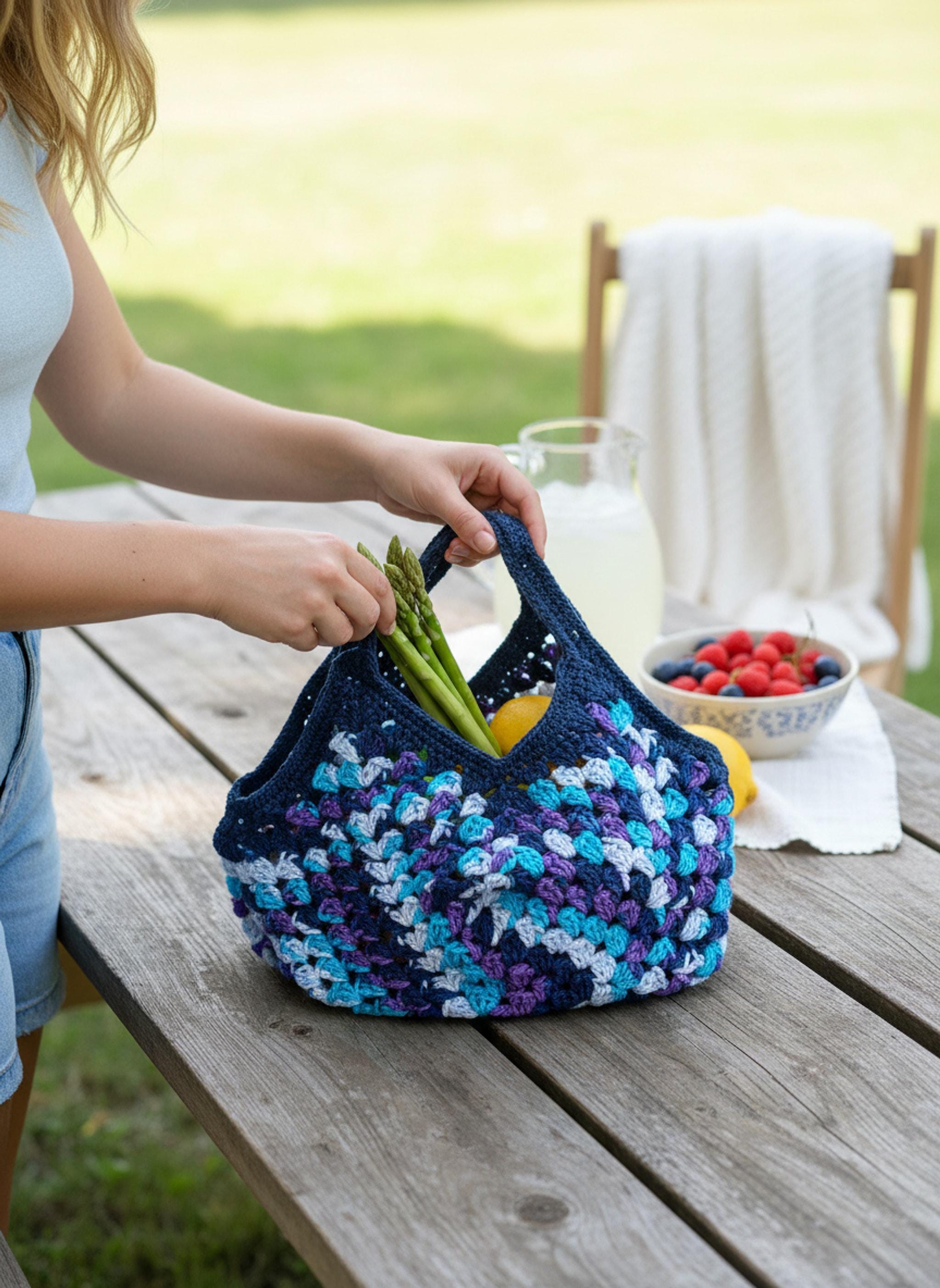 Crochet Market Bag, Handmade Tote | Baby Shower Gift with Multi-Color Yarn | Eco-Friendly Reusable Mesh Bag shown in a professional product listing photo