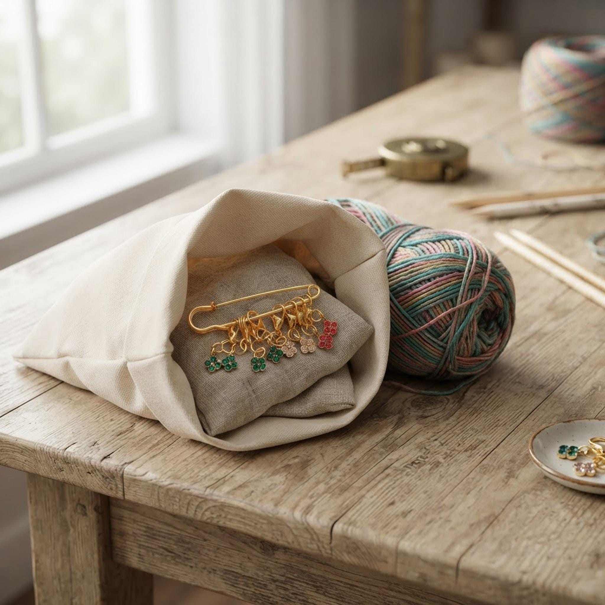 Floral stitch markers resting inside a project bag with yarn on a table.