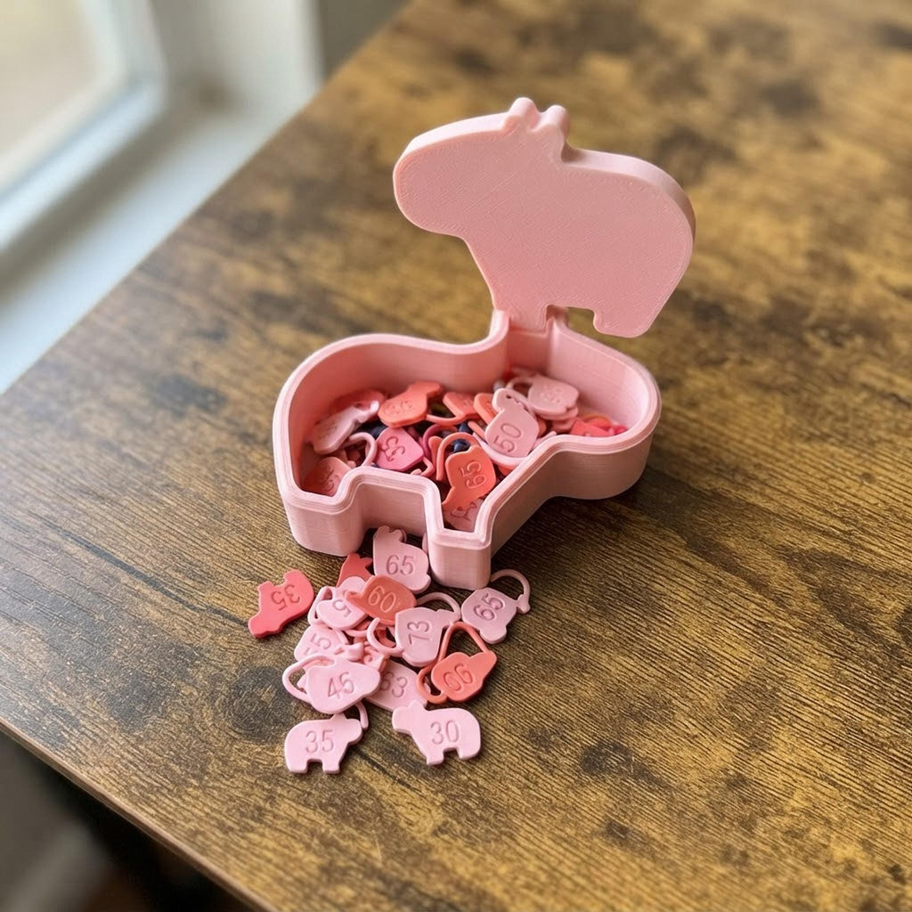 A cute pink capybara-shaped container with stitch markers spilling out on a wooden surface.