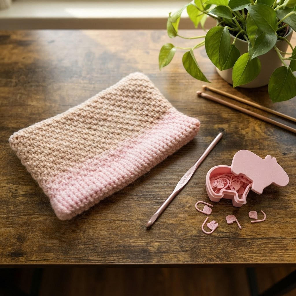 Cozy craft desk setup with yarn, crochet work, and the capybara stitch marker set in a case.
