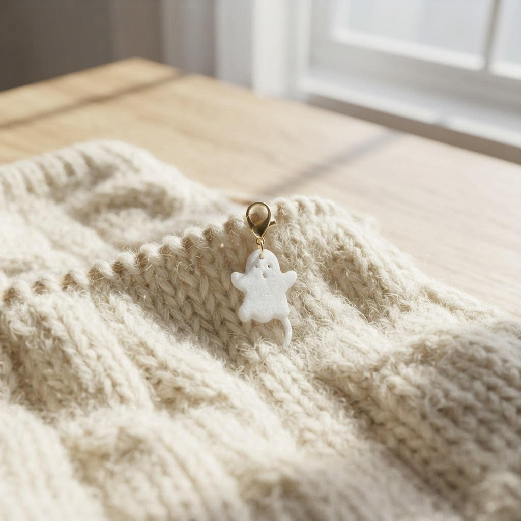 A white ghost stitch marker attached to a cream-colored knitted project on a wooden surface.