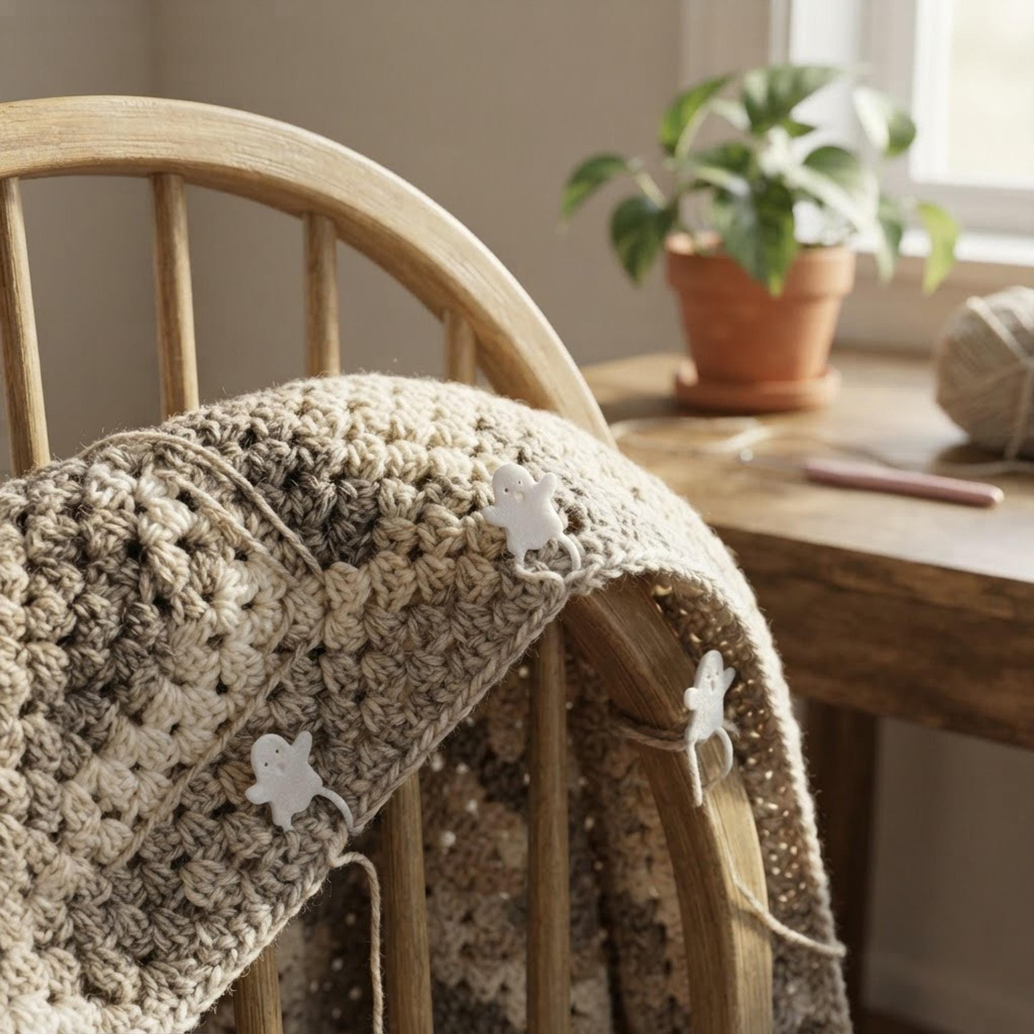 White ghost stitch markers attached to a neutral granny square blanket on a wooden chair.