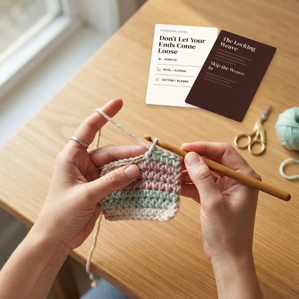 Close-up of hands demonstrating crochet over tail technique on a wooden table.