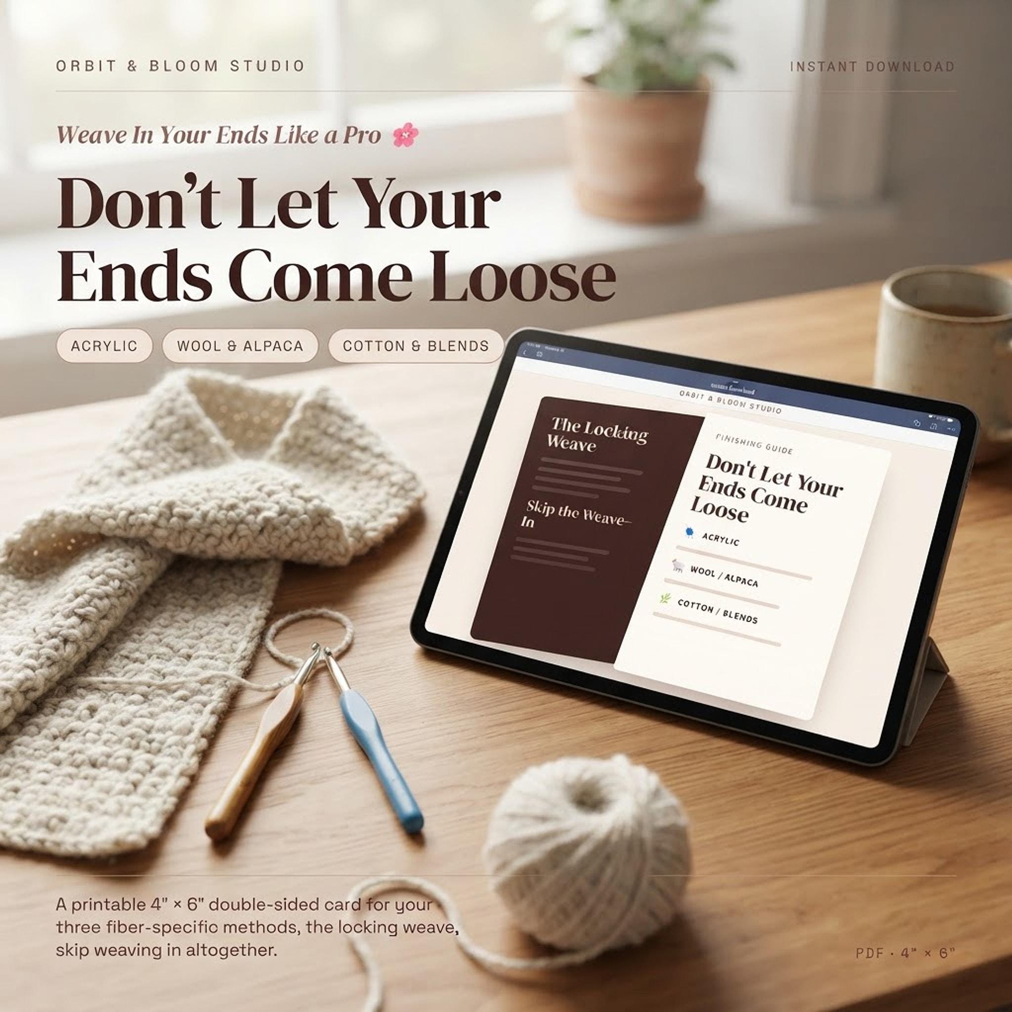 Cozy craft desk setup with crochet work in progress and digital tutorial on a screen.