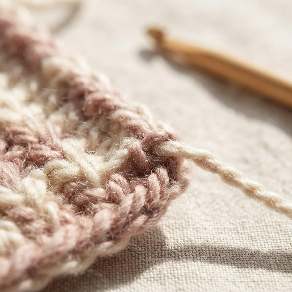 Macro view of finished crochet fabric edge showing seamless tail incorporation.