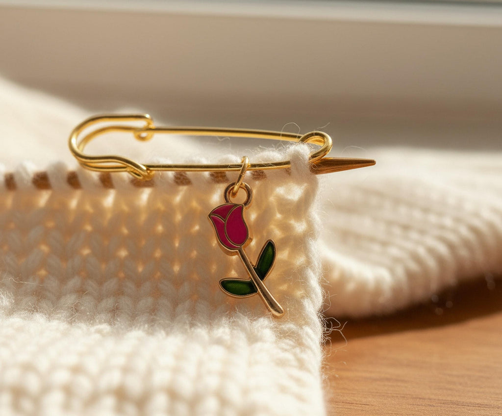 Close up of a pink tulip enamel stitch marker attached to a knitted stitch.