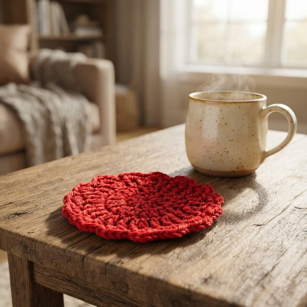 Bright lifestyle photo of a red crochet coaster under a ceramic mug on a wooden table.
