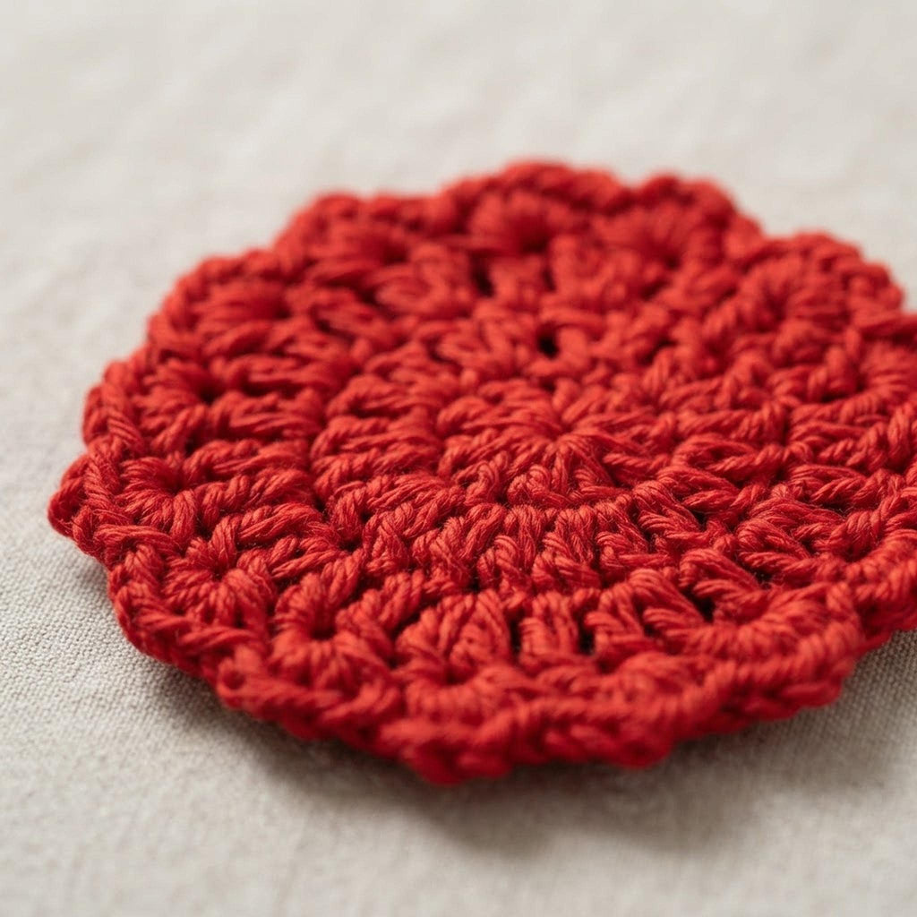 Close-up detail shot highlighting the textured stitches of the red crochet coaster.