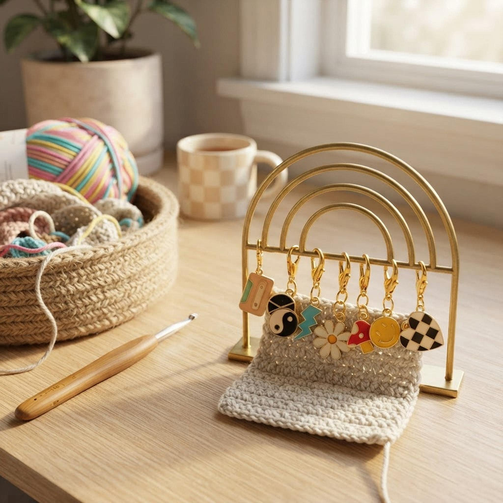 Cozy crafting station with yarn, a crochet project, and Y2K enamel stitch markers.