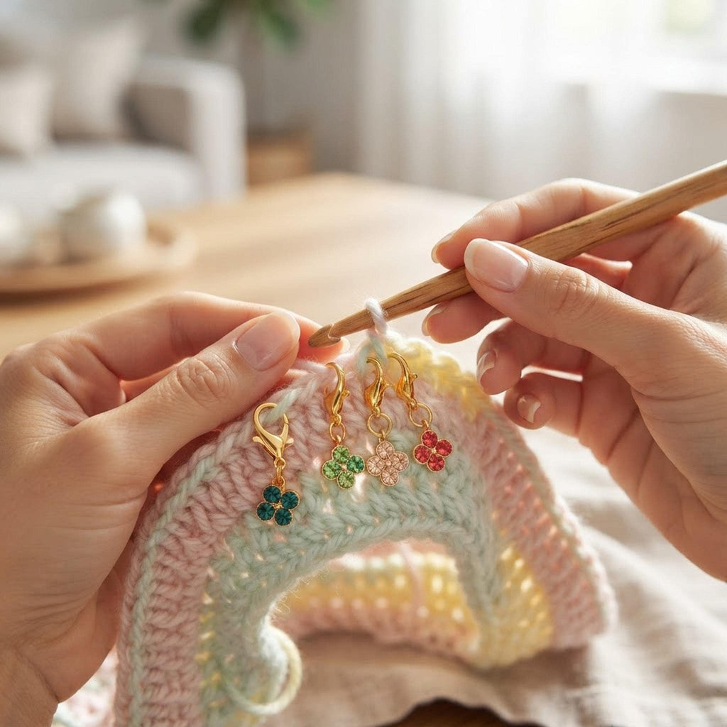 Hands crocheting yarn with green, blue, pink and white enamel daisy stitch markers attached to the work.