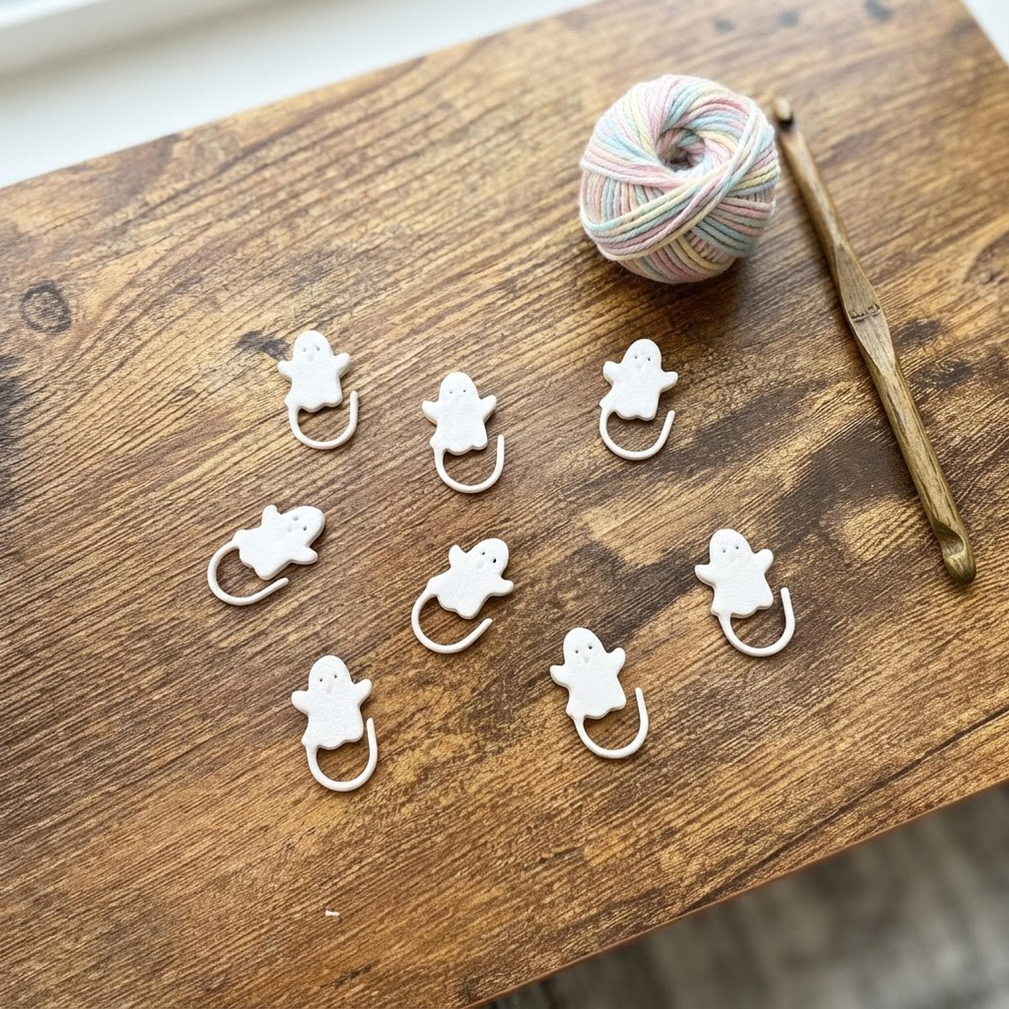 Set of eight white ghost stitch markers laid out flat on a wooden table with yarn and a hook.
