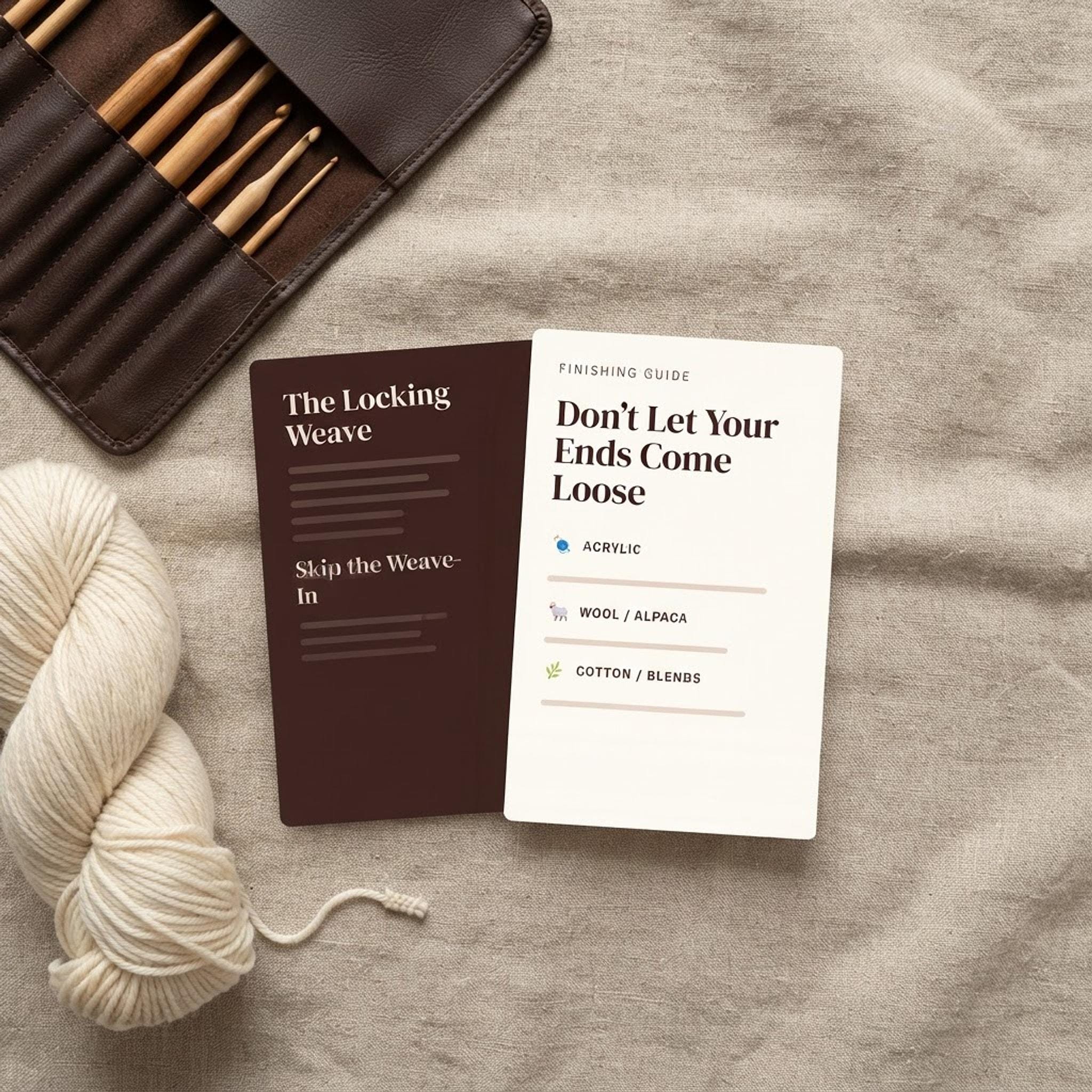 Flat lay of the printable finishing guide card next to a crochet hook case and yarn.
