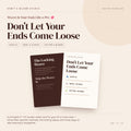 A digital graphic displaying two printable cards titled Don't Let Your Ends Come Loose with sections for acrylic, wool or alpaca, and cotton or blends.