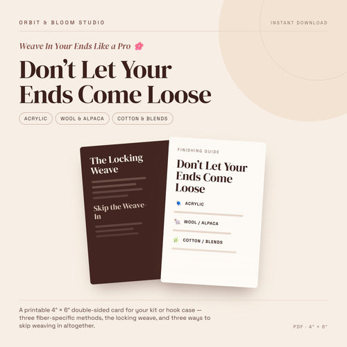 A digital graphic displaying two printable cards titled Don't Let Your Ends Come Loose with sections for acrylic, wool or alpaca, and cotton or blends.