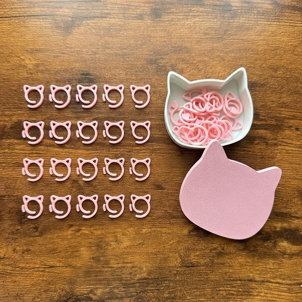 Flat lay of 20 pink cat stitch markers and an open cat-shaped storage case on a wooden background.