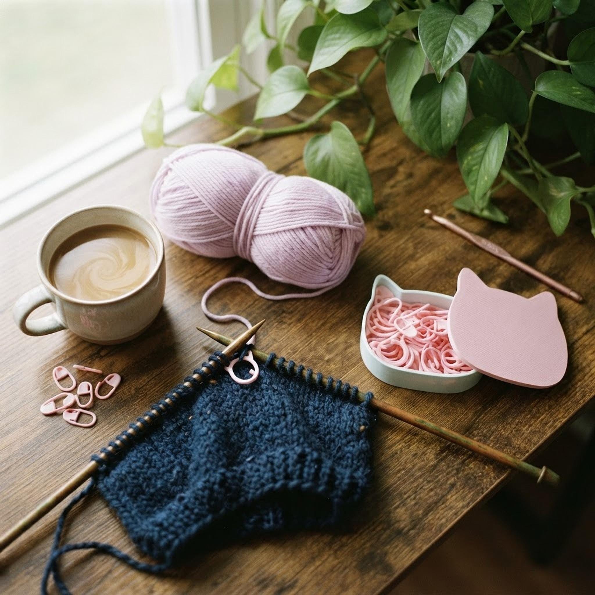 Cozy crafting workspace with knitting needles, yarn, and the pink cat stitch marker case.