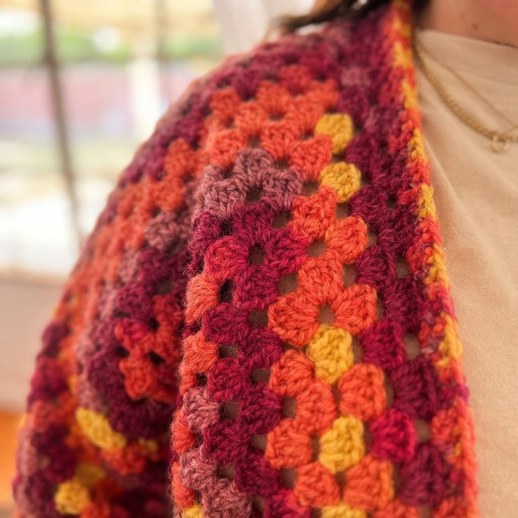Close up of the crocheted granny square stitch texture and sunset colors of the cardigan.