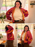 A person wearing a handmade granny square cardigan in shades of pink, orange, and yellow over a cream top and brown pants, shown in three photo angles.