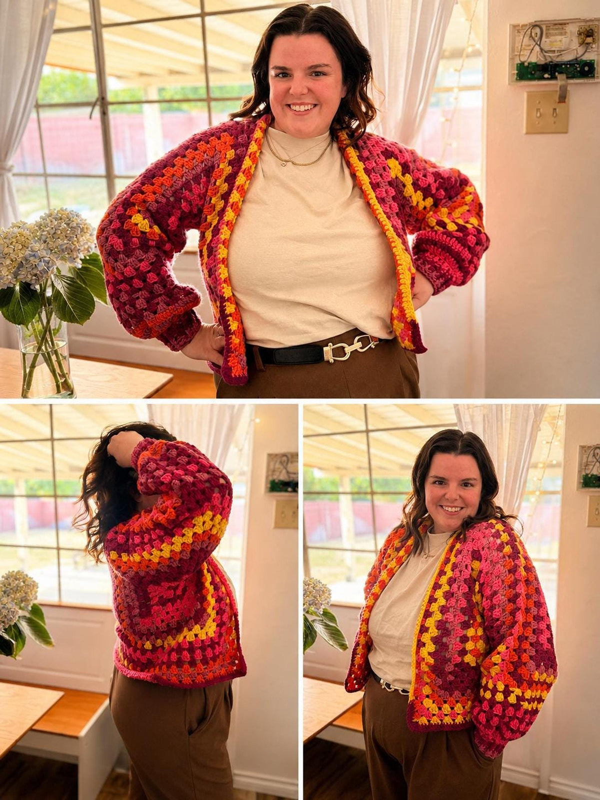 A person wearing a handmade granny square cardigan in shades of pink, orange, and yellow over a cream top and brown pants, shown in three photo angles.