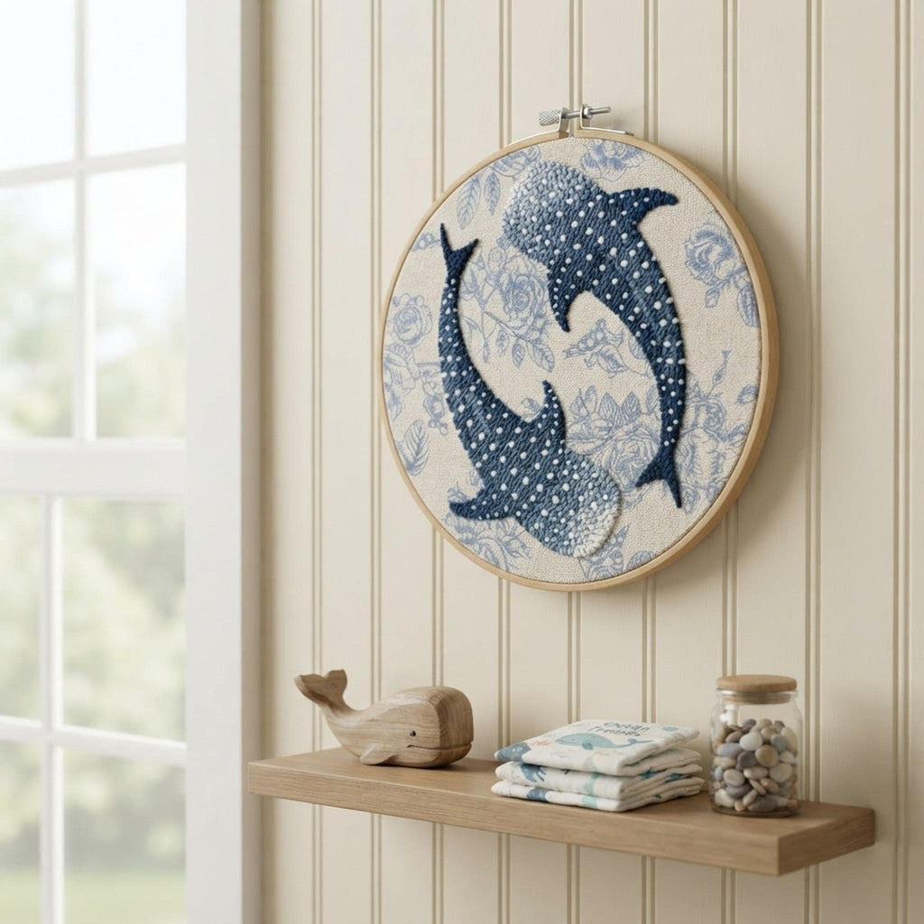 Completed whale shark punch needle hoop hanging on a nursery wall as ocean decor