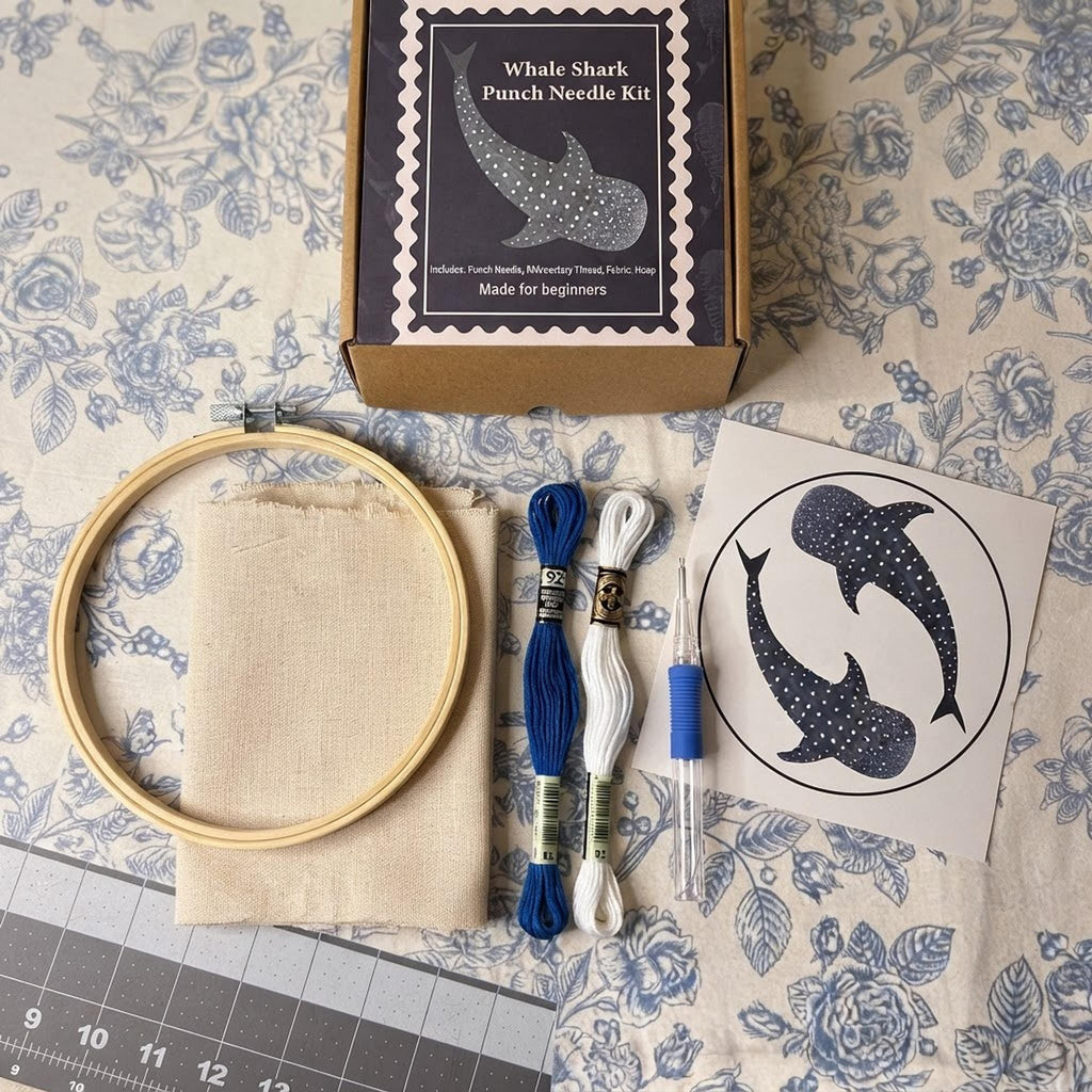 All included items in the whale shark punch needle beginner kit laid out flat