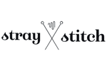 The logo for 'stray stitch' is centered on a solid white background, featuring black serif text with a crossed knitting needle and yarn graphic.