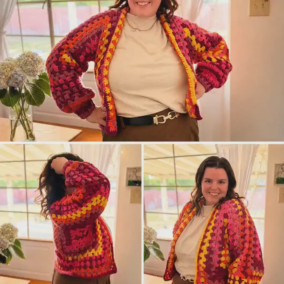 Fall Cardigan In Sunset Colors, Crochet Open Front With 10 Size Options