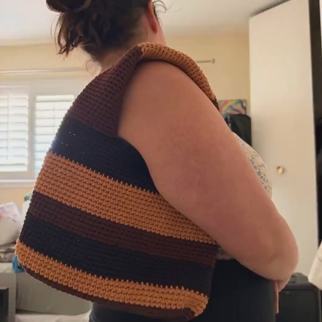 Brown Striped Crochet Donut Tote Bag, Summer Picnic Shoulder Bag